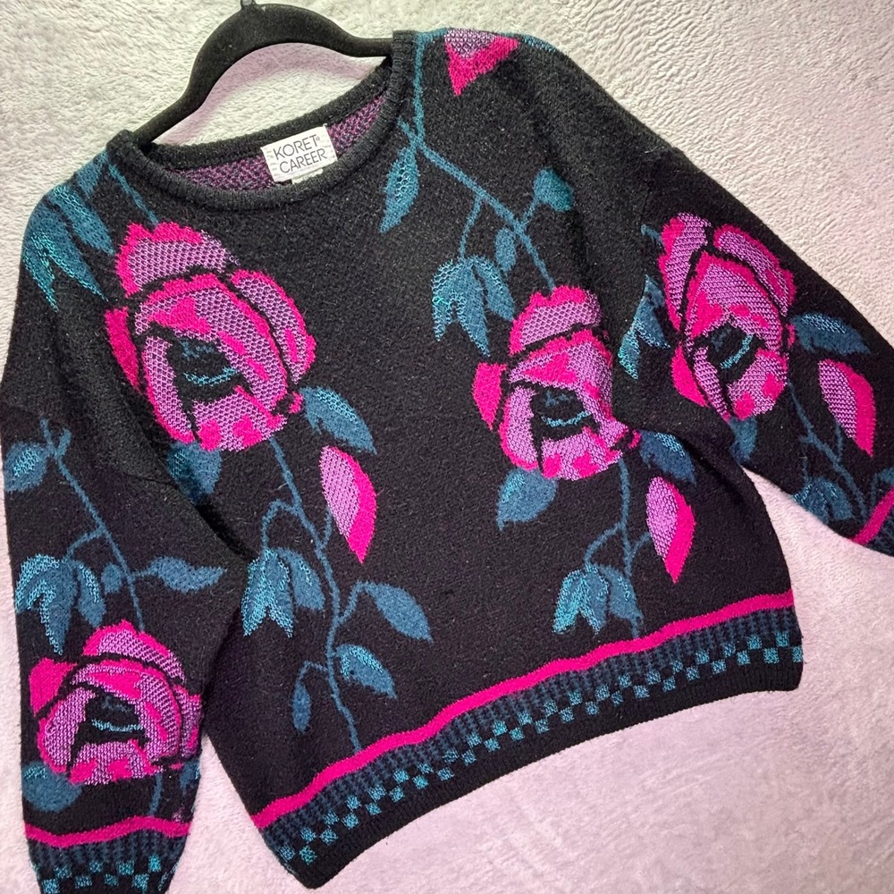 Vintage Koret Career Women Sweater 42 Black Pink Floral Rose Oversized 80s